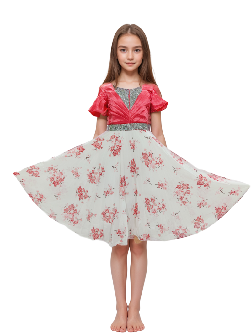 Elegant Red & White Long Gown for Girls