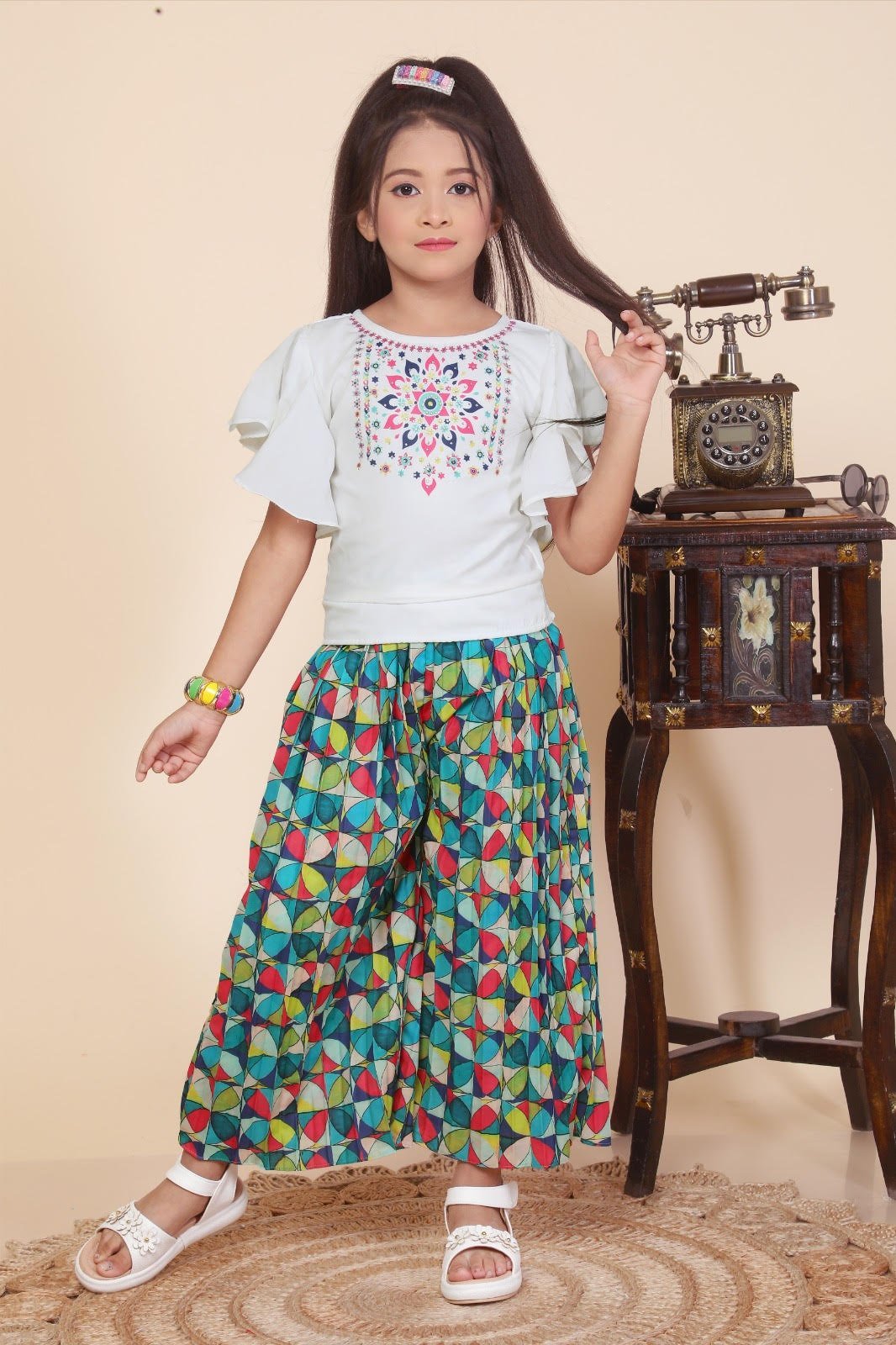 Multi Color Palazzo Pant & White Top For Girls