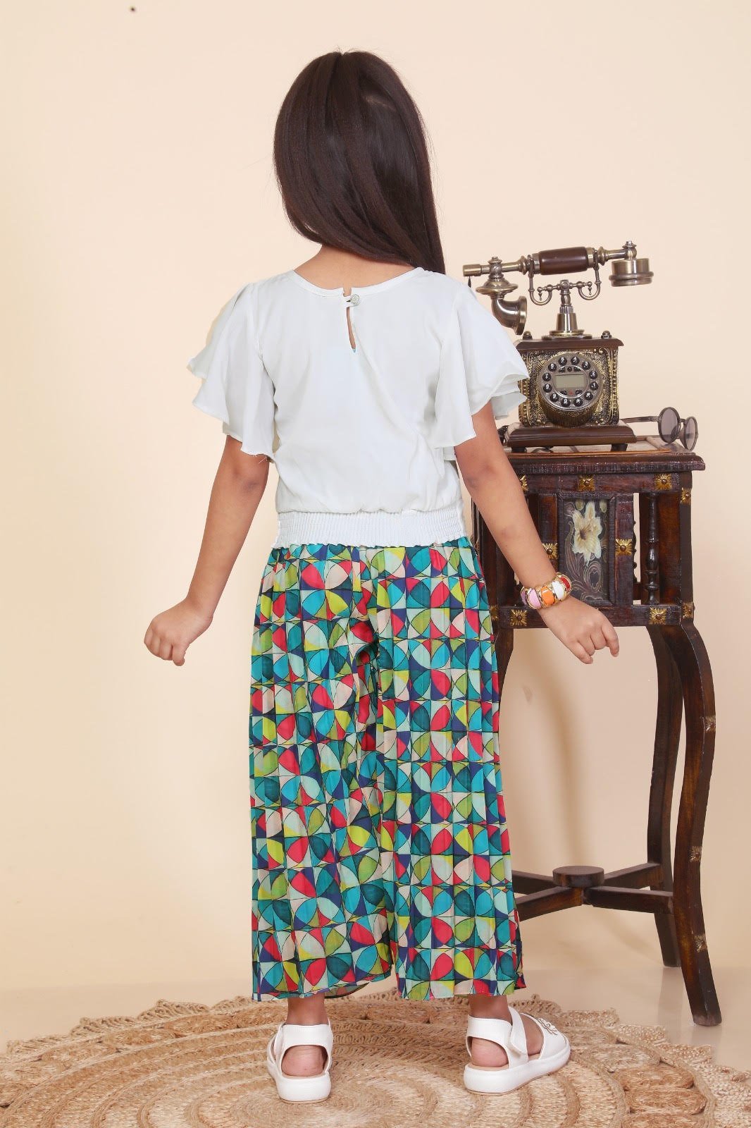 Multi Color Palazzo Pant & White Top For Girls - Image 4
