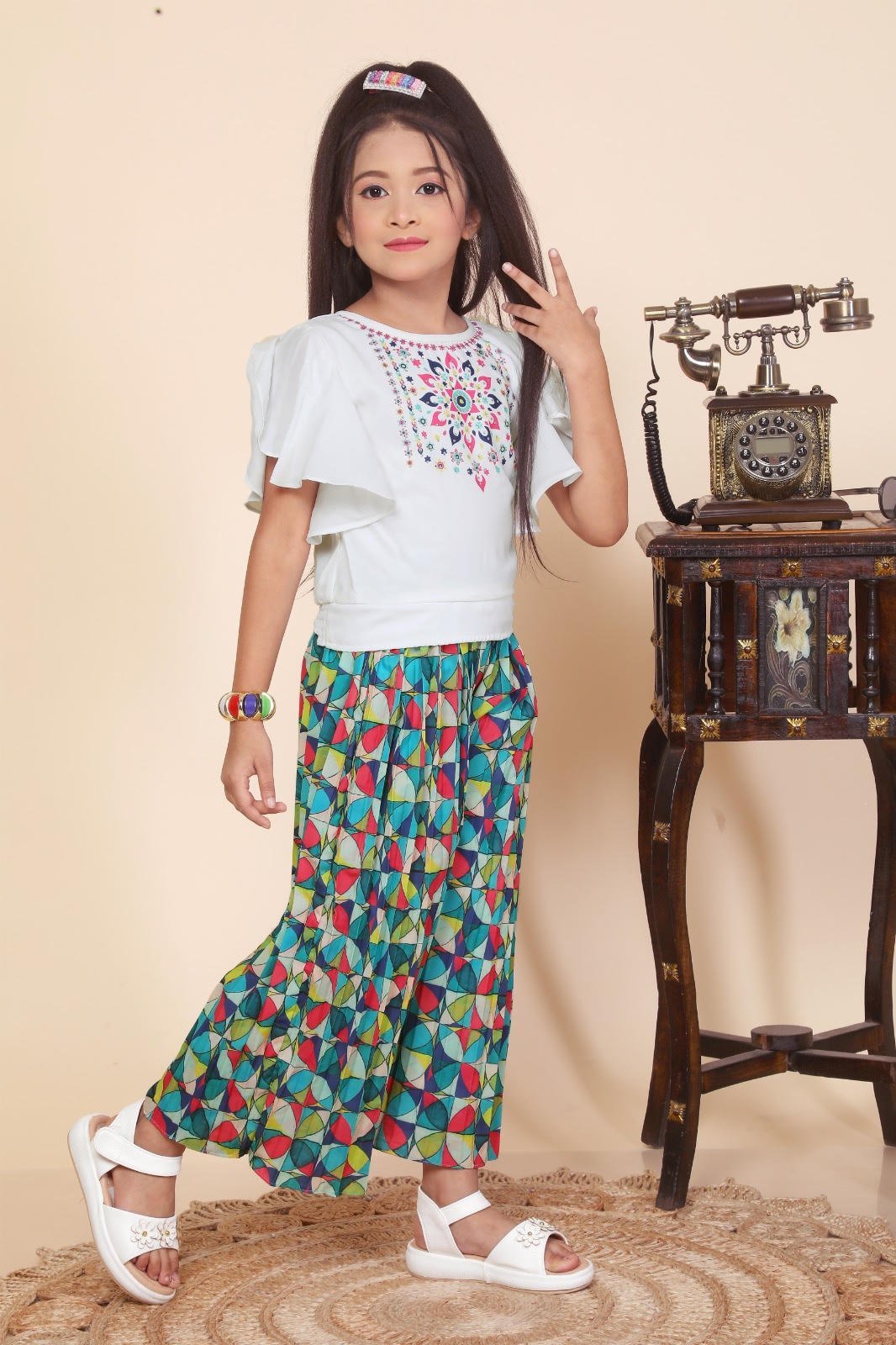 Multi Color Palazzo Pant & White Top For Girls - Image 2