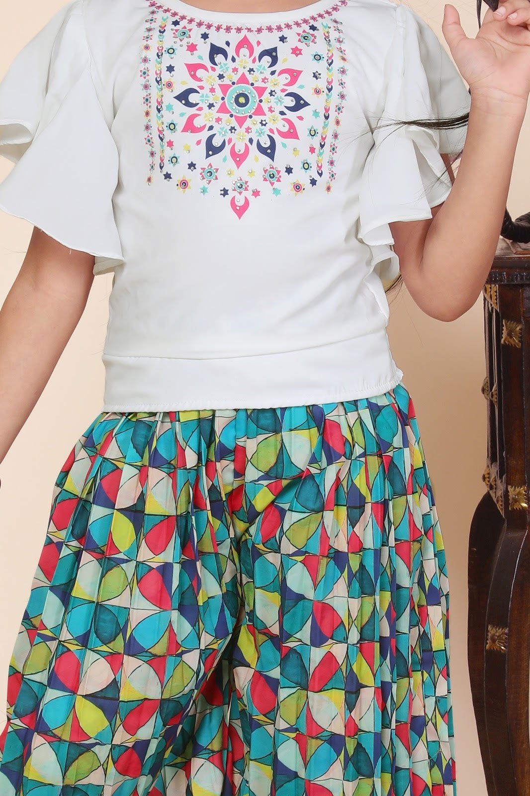 Multi Color Palazzo Pant & White Top For Girls - Image 3