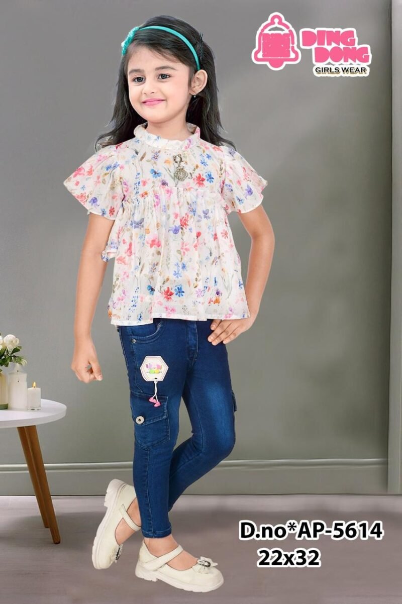 Kids Girls Floral Print Top and Denim Jeans Set Wholesale - Pinky Chinky (Ding Dong)