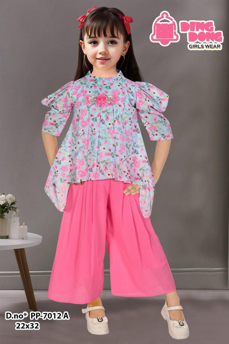 floral peplum top with solid palazzo for girls | Pinky Chinky (Ding Dong)